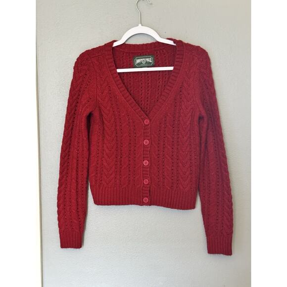 American Eagle Womens XS Retro Red Cropped Button Up Cable Knit Cardigan Sweater - Picture 1 of 7